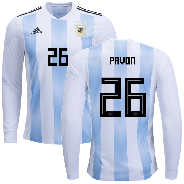 Argentina #26 Pavon Home Long Sleeves Kid Soccer Country Jersey - Click Image to Close